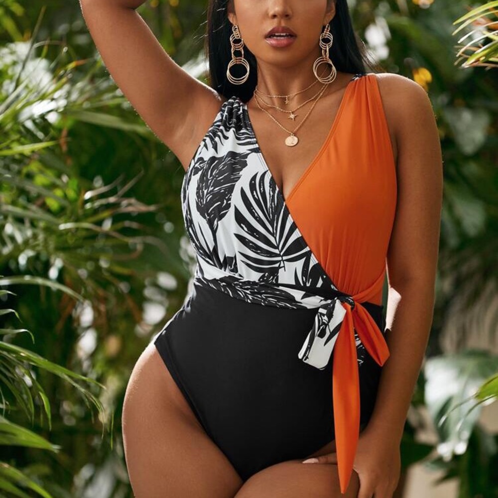 SHEIN Plus • Tropical Print Color Block One Piece